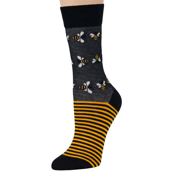 women-cotton-crew-fun-sock-4 pack-large-bee-black-beige-orange