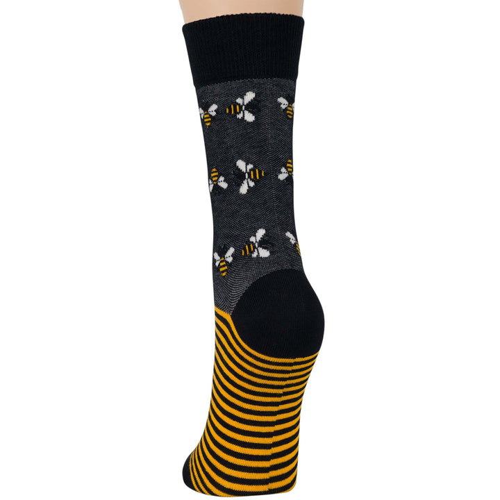 women-cotton-crew-fun-sock-4 pack-large-bee-black-beige-orange