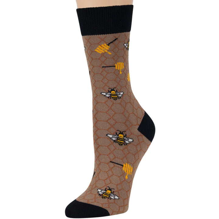 women-cotton-crew-fun-sock-4 pack-large-bee-hive-honey-black-beige-orange