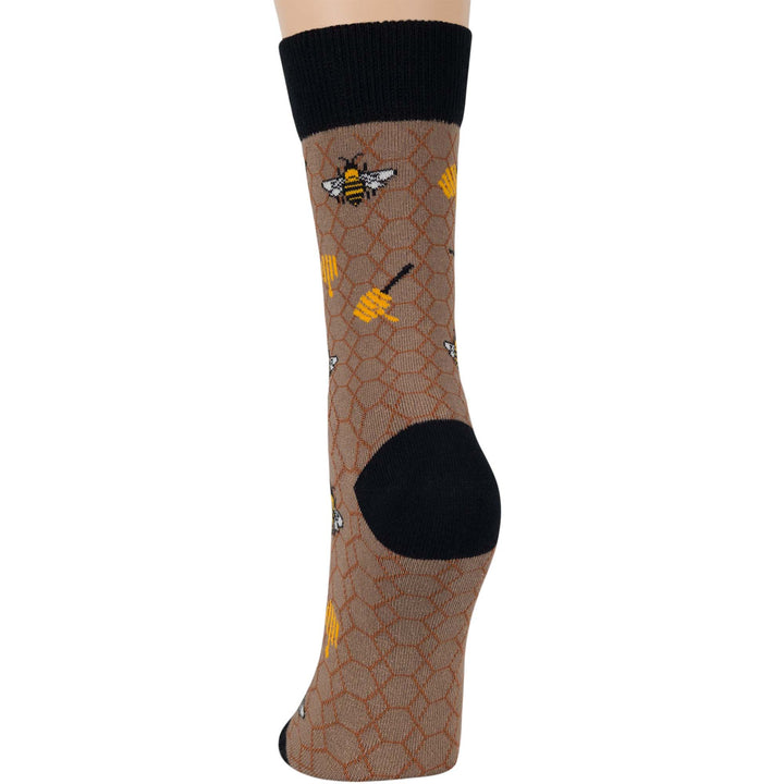 women-cotton-crew-fun-sock-4 pack-large-bee-hive-honey-black-beige-orange