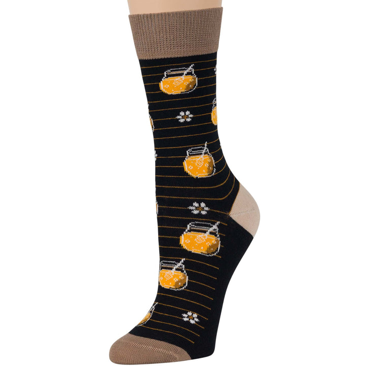 women-cotton-crew-fun-sock-4 pack-large-honey-black-beige-orange