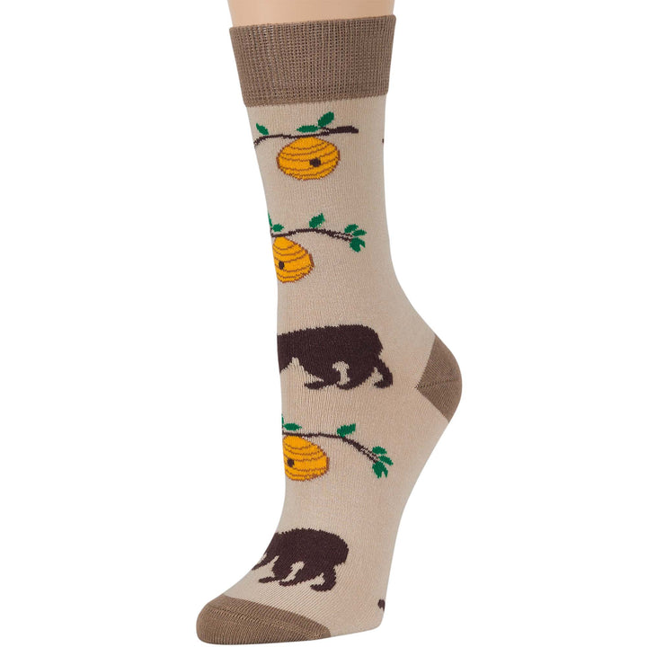 women-cotton-crew-fun-sock-4 pack-large-bee-hive-bear-black-beige-orange