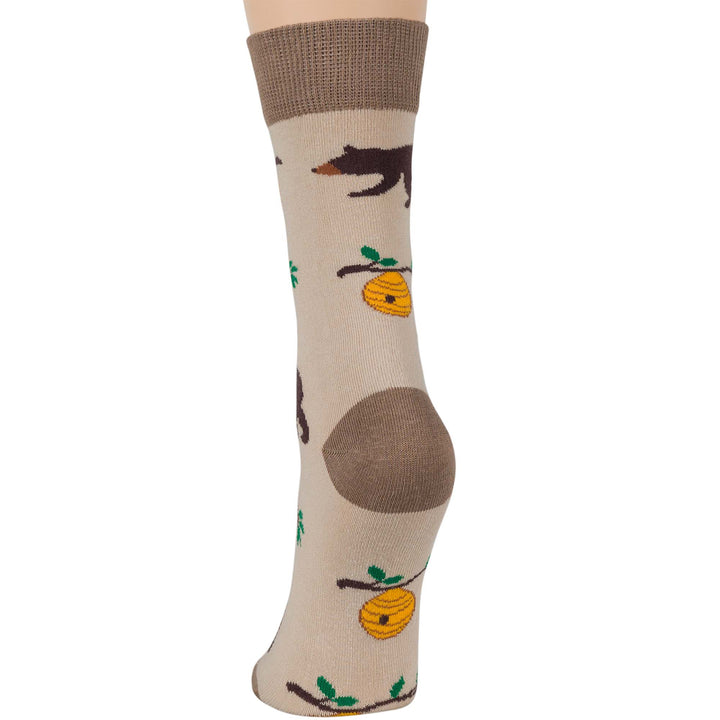 women-cotton-crew-fun-sock-4 pack-large-bee-hive-bear-black-beige-orange