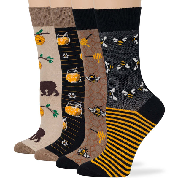 women-cotton-crew-fun-sock-4 pack-large-bee-hive-bear-honey-black-beige-orange