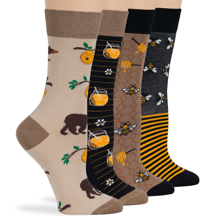 women-cotton-crew-fun-sock-4 pack-large-bee-hive-bear-honey-black-beige-orange