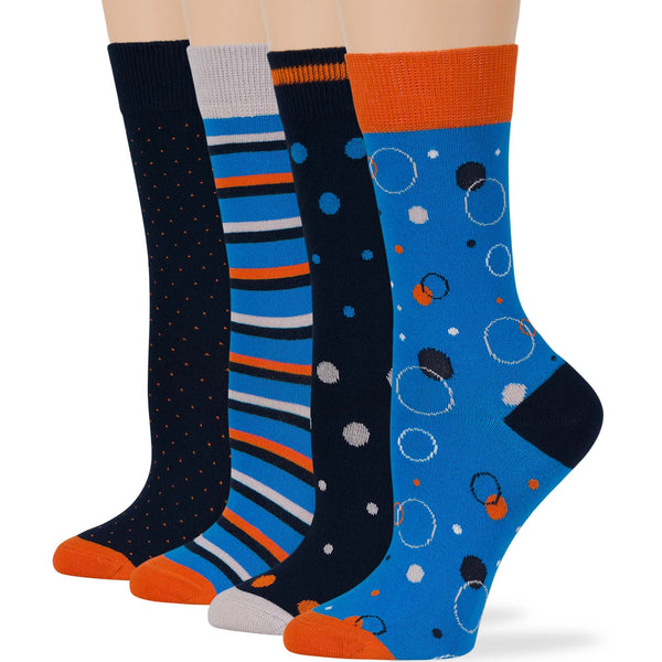 women-cotton-crew-fun-sock-4 pack-large-stripe-polka-dot-bubble-blue-navy-orange-grey