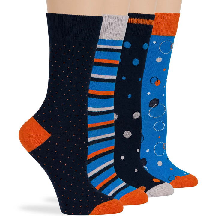 women-cotton-crew-fun-sock-4 pack-large-stripe-polka-dot-bubble-blue-navy-orange-grey