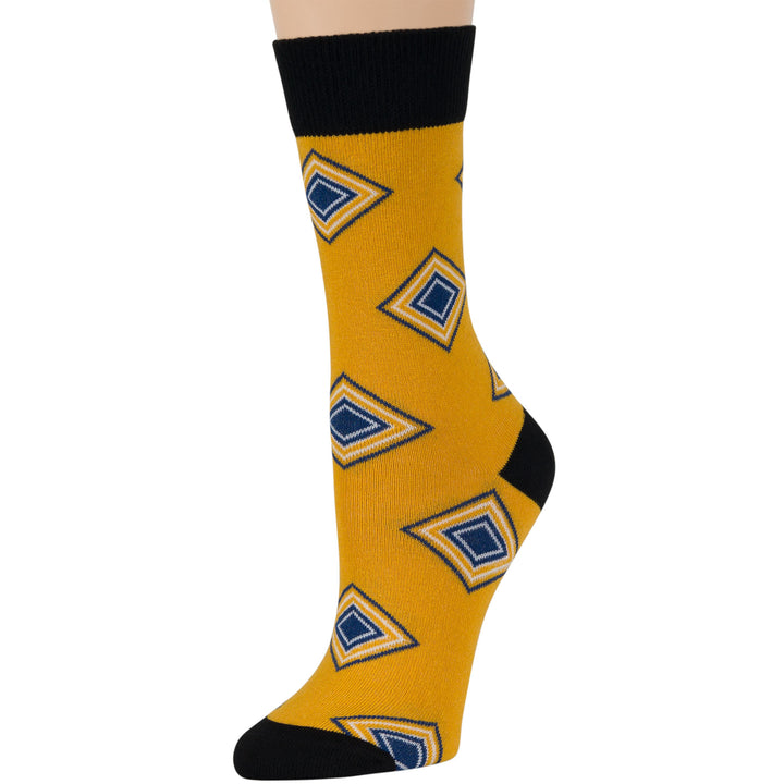 women-cotton-crew-fun-sock-4 pack-large-geometric-pattern-blue-black-yellow