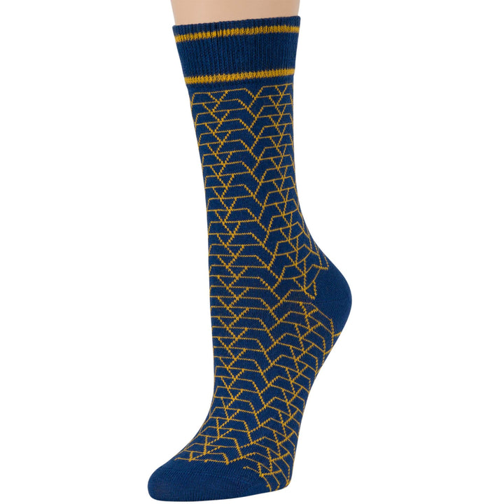 women-cotton-crew-fun-sock-4 pack-large-stripe-geometric-pattern-blue-yellow