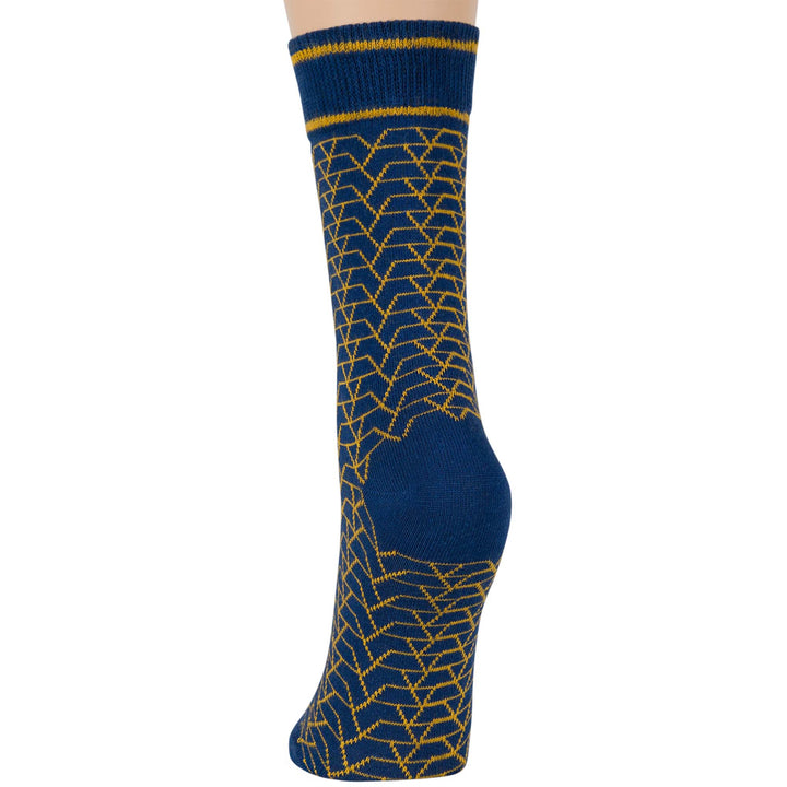 women-cotton-crew-fun-sock-4 pack-large-stripe-geometric-pattern-blue-yellow