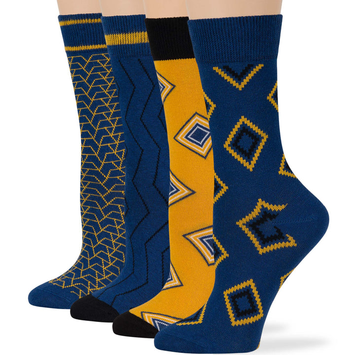 women-cotton-crew-fun-sock-4 pack-large-stripe-geometric-pattern-blue-black-yellow