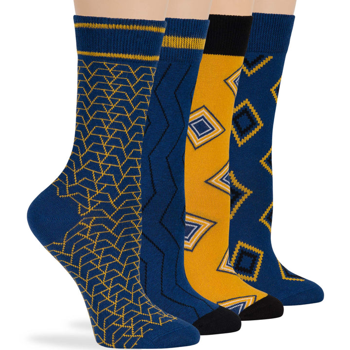 women-cotton-crew-fun-sock-4 pack-large-stripe-geometric-pattern-blue-black-yellow