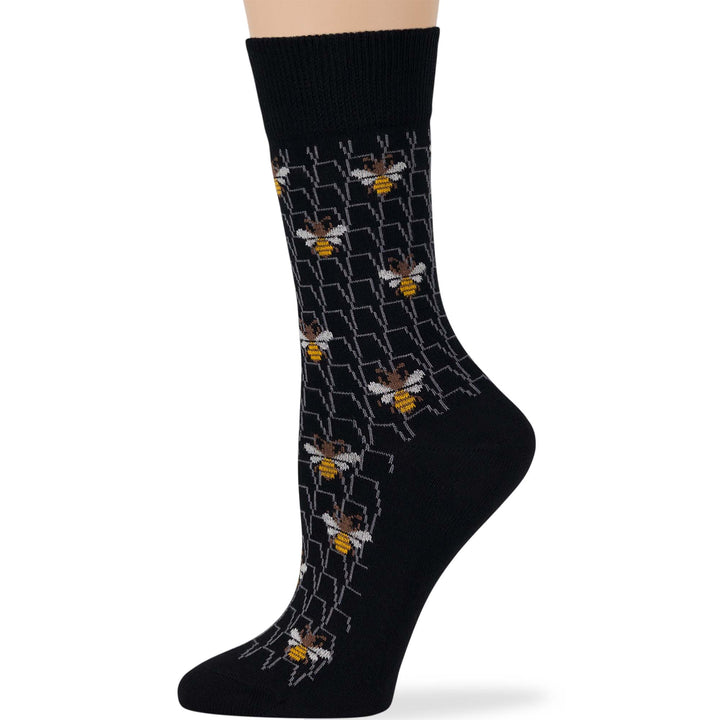 women-cotton-crew-fun-sock-4 pack-large-bee-stripe-black-beige-yellow