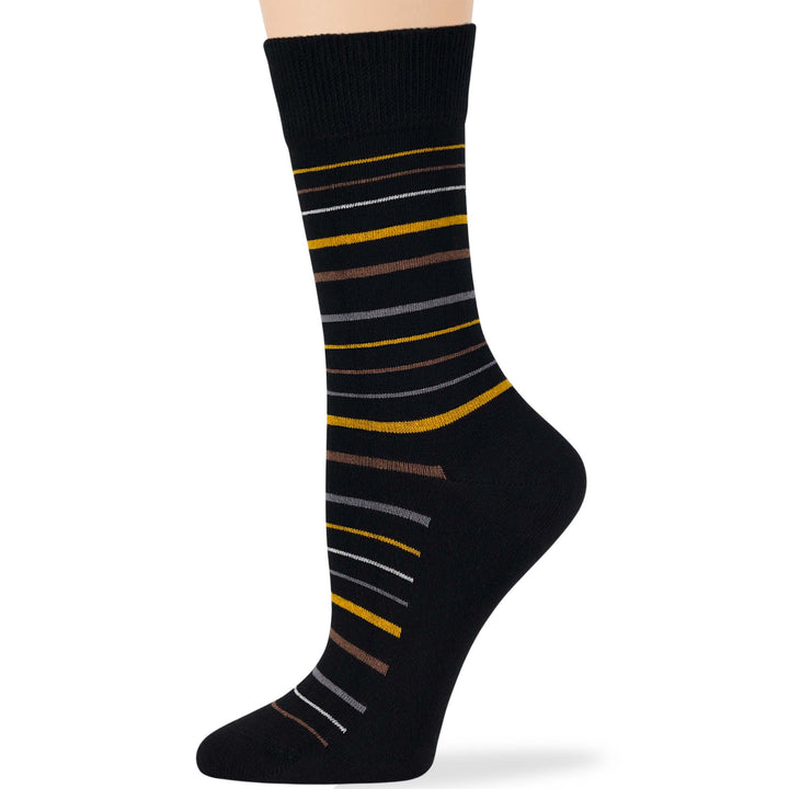 women-cotton-crew-fun-sock-4 pack-large-stripe-black-beige-yellow