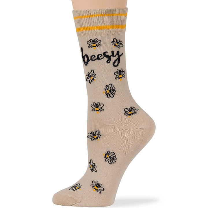 women-cotton-crew-fun-sock-4 pack-large-bee-black-light beige-yellow