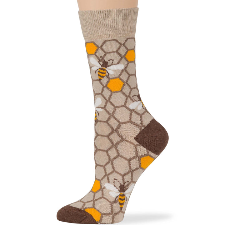 women-cotton-crew-fun-sock-4 pack-large-bee-honey-comb-light beige-brown-yellow