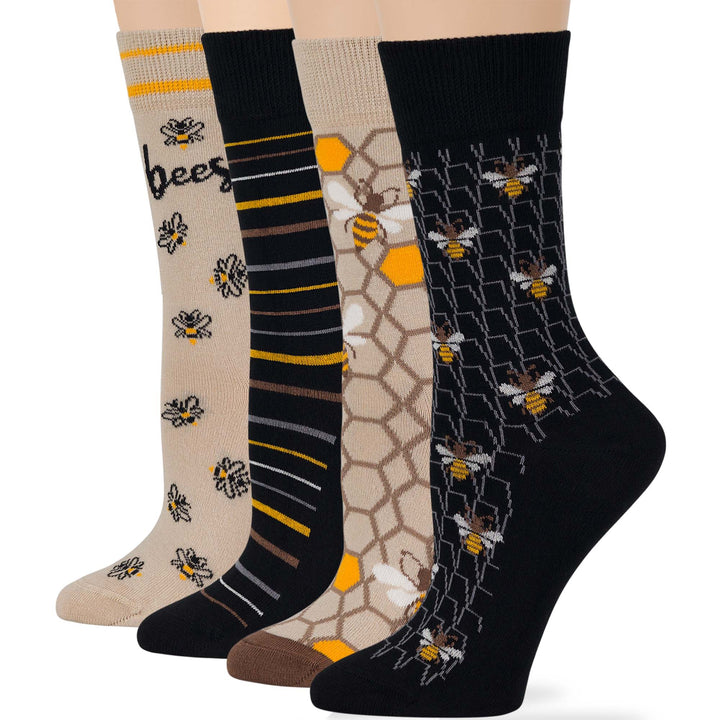 women-cotton-crew-fun-sock-4 pack-large-bee-honey-comb-stripe-black-beige