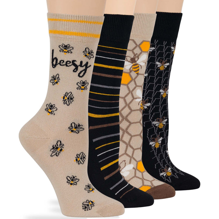 women-cotton-crew-fun-sock-4 pack-large-bee-honey-comb-stripe-black-beige