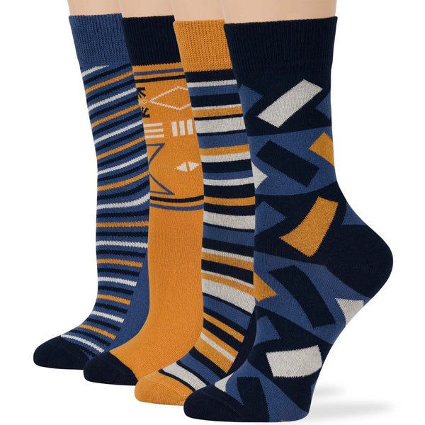 women-cotton-crew-fun-sock-4 pack-large-indian-geometric-patterns-navy-blue-camel