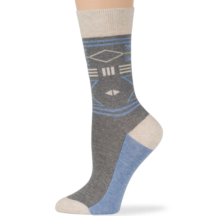 women-cotton-crew-fun-sock-4 pack-large-indian-geometric-patterns-grey-charcoal-sand-blue