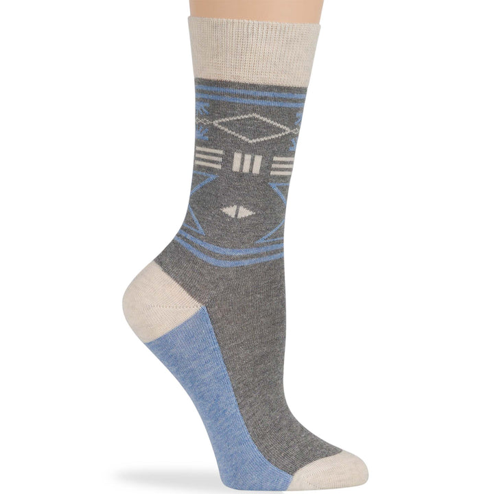 women-cotton-crew-fun-sock-4 pack-large-indian-geometric-patterns-grey-charcoal-sand-blue