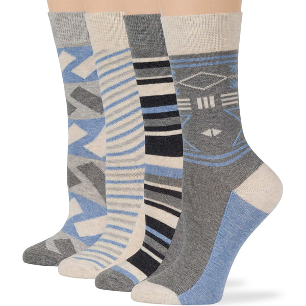 women-cotton-crew-fun-sock-4 pack-large-indian-geometric-patterns-grey-charcoal-sand-blue