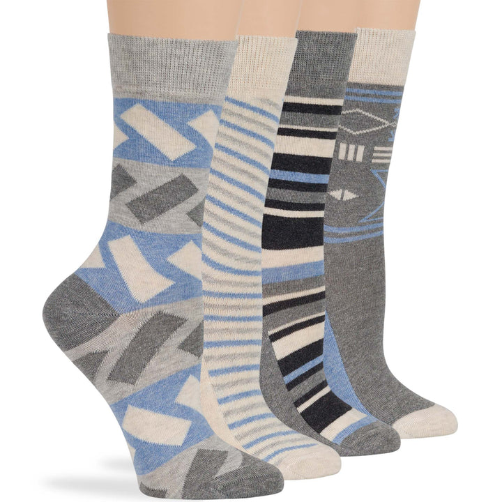 women-cotton-crew-fun-sock-4 pack-large-indian-geometric-patterns-grey-charcoal-sand-blue