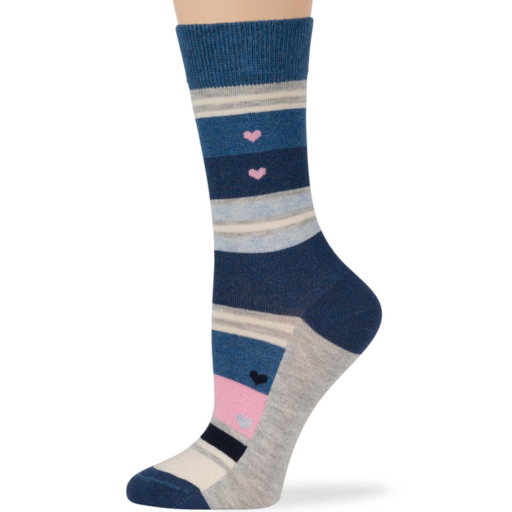 women-cotton-novelty-sock-4 pack-large-heart-stripe-blue-navy-grey-pink