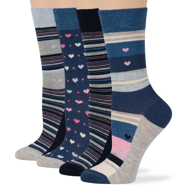 women-cotton-novelty-sock-4 pack-large-heart-stripe-blue-navy-grey-pink