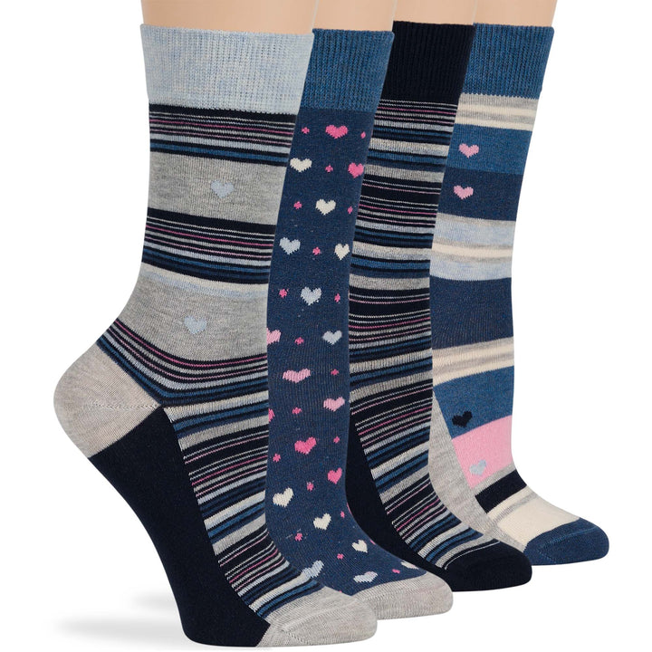 women-cotton-novelty-sock-4 pack-large-heart-stripe-blue-navy-grey-pink