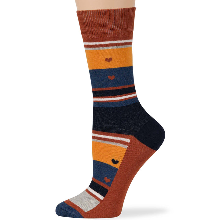 women-cotton-crew-fashion-sock-4 pack-large-heart-stripe-navy-blue-brown