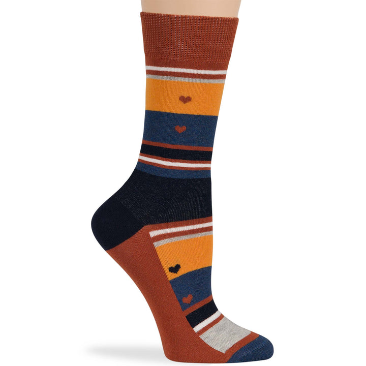 women-cotton-crew-fashion-sock-4 pack-large-heart-stripe-navy-blue-brown