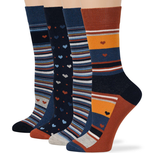 women-cotton-crew-fashion-sock-4 pack-large-heart-stripe-navy-blue-brown