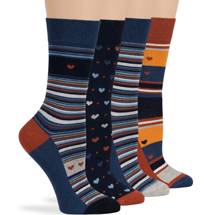 women-cotton-crew-fashion-sock-4 pack-large-heart-stripe-navy-blue-brown