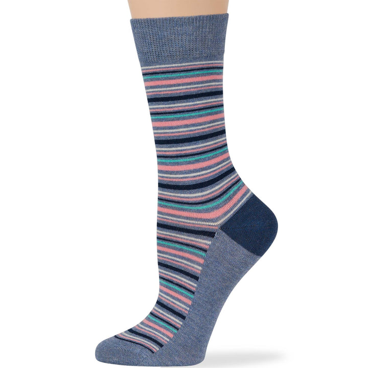 women-cotton-novelty-calf-sock-4 pack-medium-stripe-patterned-navy-blue-pink