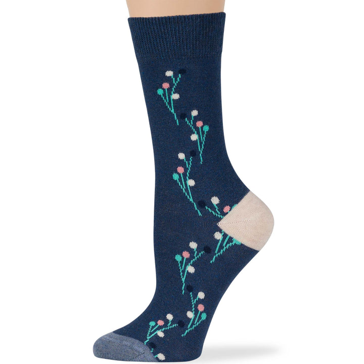 women-cotton-novelty-calf-sock-4 pack-medium-dot-flower-patterned-light navy-blue-pink