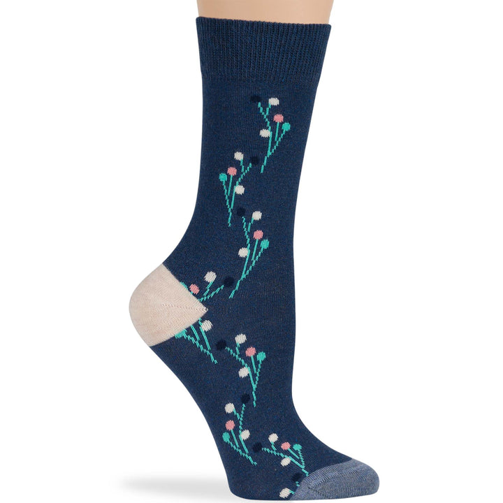 women-cotton-novelty-calf-sock-4 pack-medium-dot-flower-patterned-light navy-blue-pink