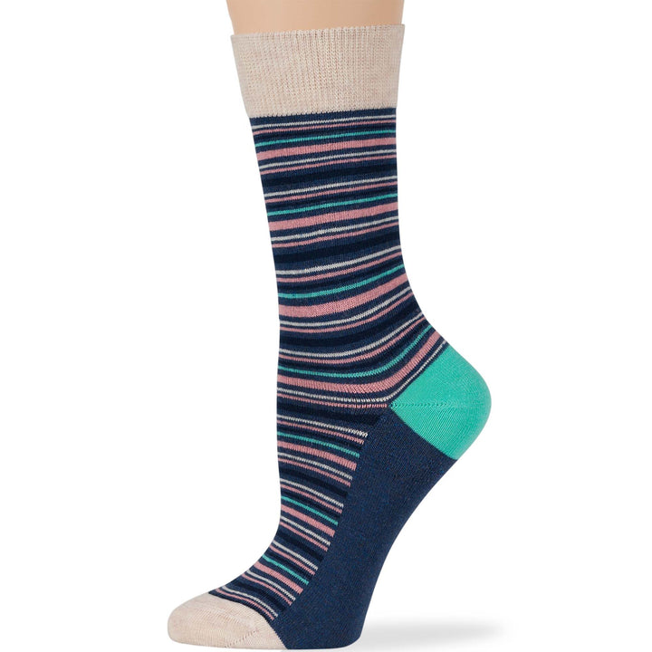 women-cotton-novelty-calf-sock-4 pack-medium-stripe-patterned-navy-blue-pink