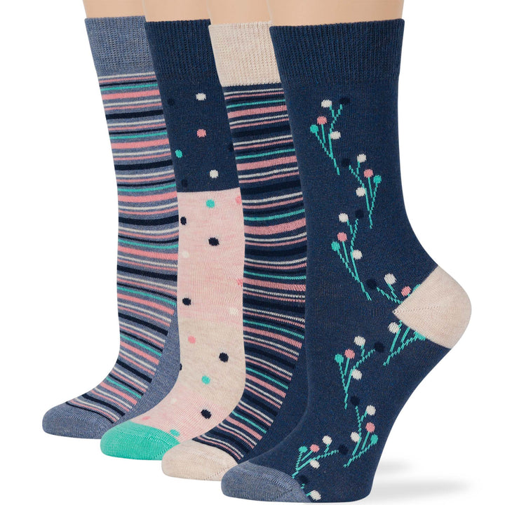 women-cotton-novelty-calf-sock-4 pack-medium-dot-stripe-flower-patterned-navy-blue-pink