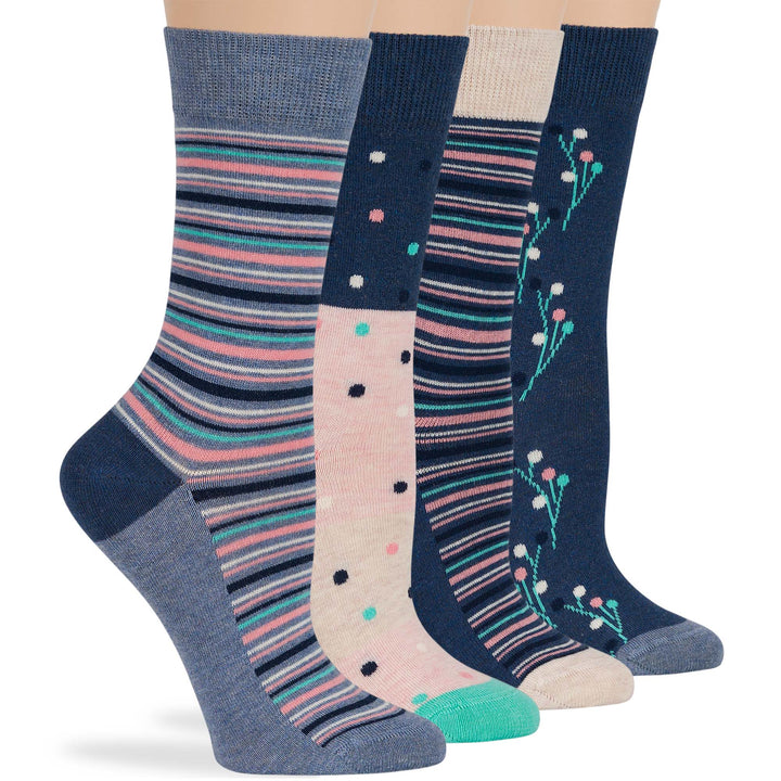 women-cotton-novelty-calf-sock-4 pack-medium-dot-stripe-flower-patterned-navy-blue-pink