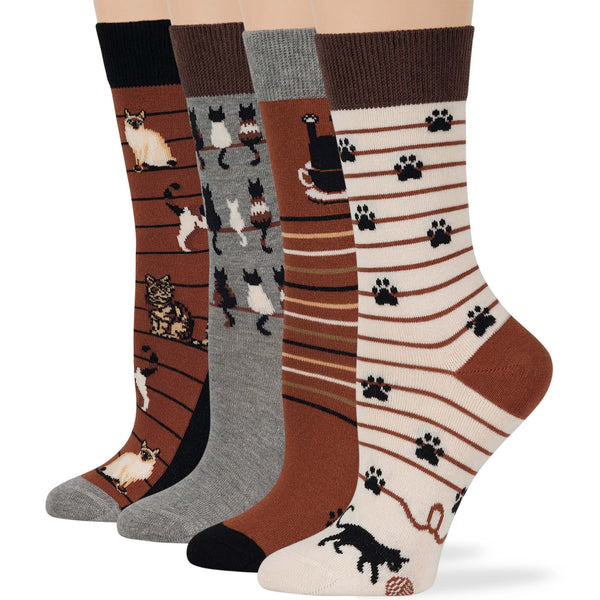 women-cotton-crew-fun-sock-4 pack-large-cat-paw-yarn-brown-grey-ecru-black