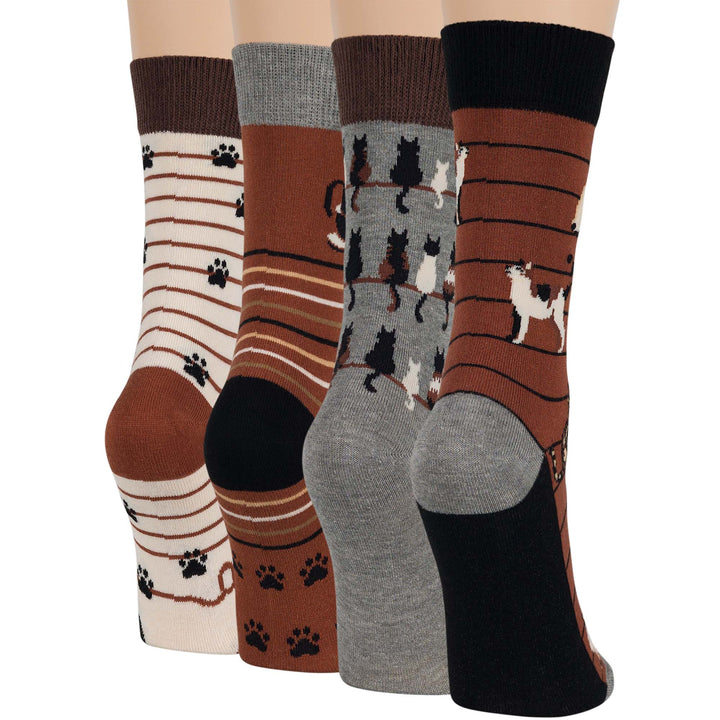 women-cotton-crew-fun-sock-4 pack-large-cat-paw-yarn-brown-grey-ecru-black