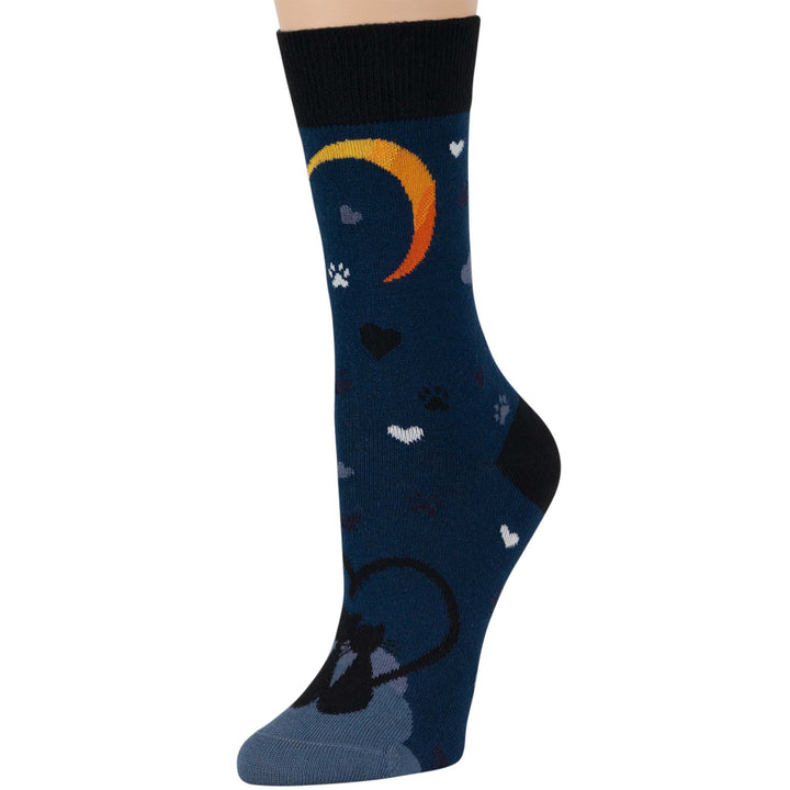 women-cotton-crew-fun-sock-4 pack-large-cat-moon-heart-black-lıght navy-blue-grey