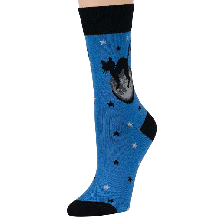 women-cotton-crew-fun-sock-4 pack-large-cat-moon-black-navy-blue-grey