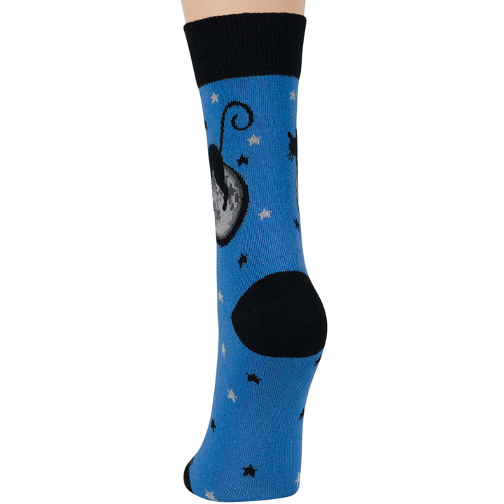 women-cotton-crew-fun-sock-4 pack-large-cat-moon-black-navy-blue-grey