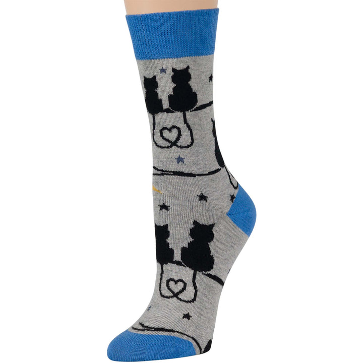 women-cotton-crew-fun-sock-4 pack-large-cat-moon-heart-tail-black-navy-blue-grey