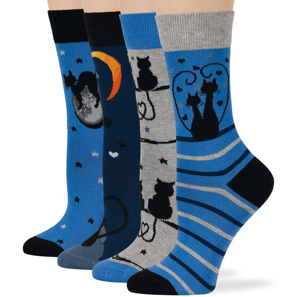 women-cotton-crew-fun-sock-4 pack-large-cat-moon-heart-tail-black-navy-blue-grey