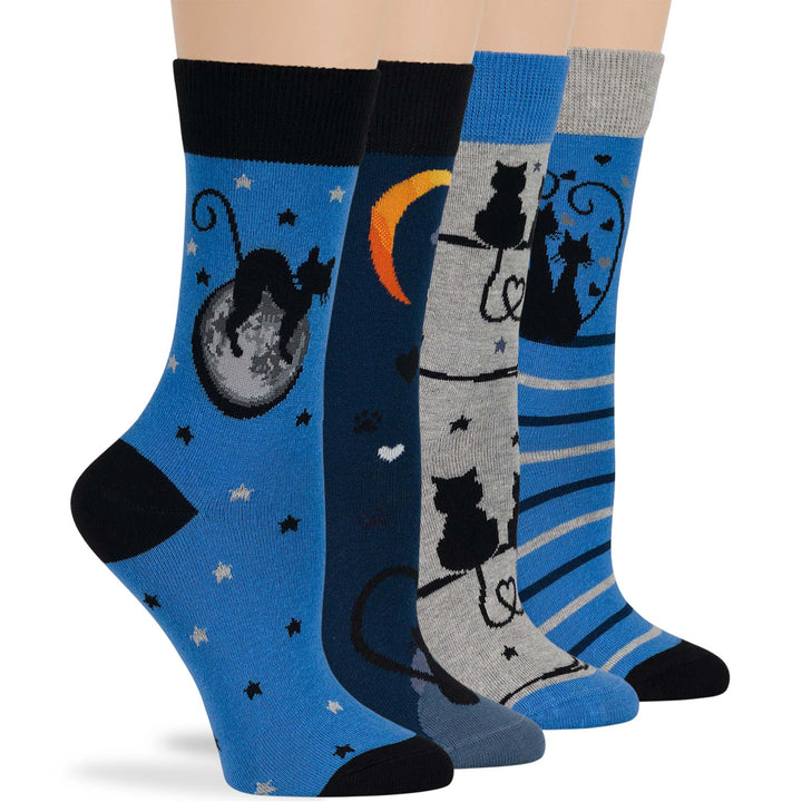 women-cotton-crew-fun-sock-4 pack-large-cat-moon-heart-tail-black-navy-blue-grey