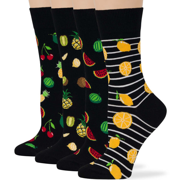 women-cotton-crew-fun-sock-4 pack-large-fruit-design-black-yellow-green-red