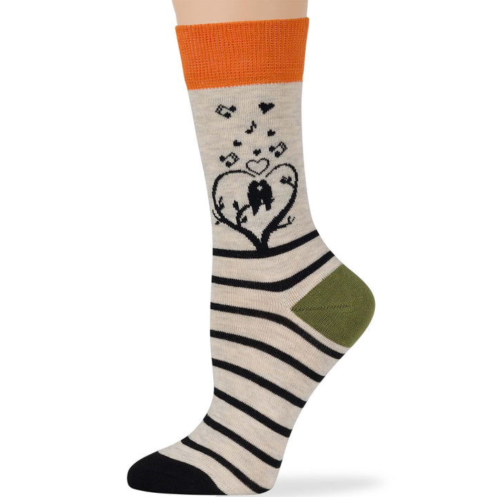 women-cotton-crew-fun-sock-4 pack-large-love-bird-tree-black-green-ecru